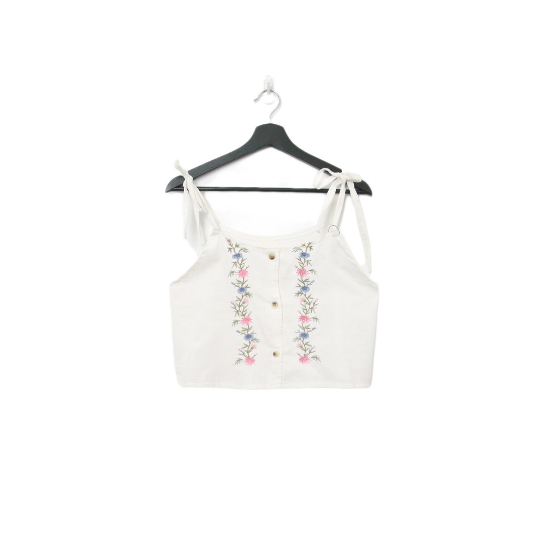Back to Green-再制绑带刺绣 粉蓝花朵 交错 sv-36/ vintage vest - 女装背心 - 棉 