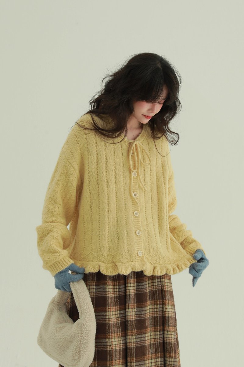 2顔色 織夢 花邊系帶毛衣 秋冬軟糯甜美蝴蝶結針織衫上衣 - 女装针织衫/毛衣 - 聚酯纤维 黄色