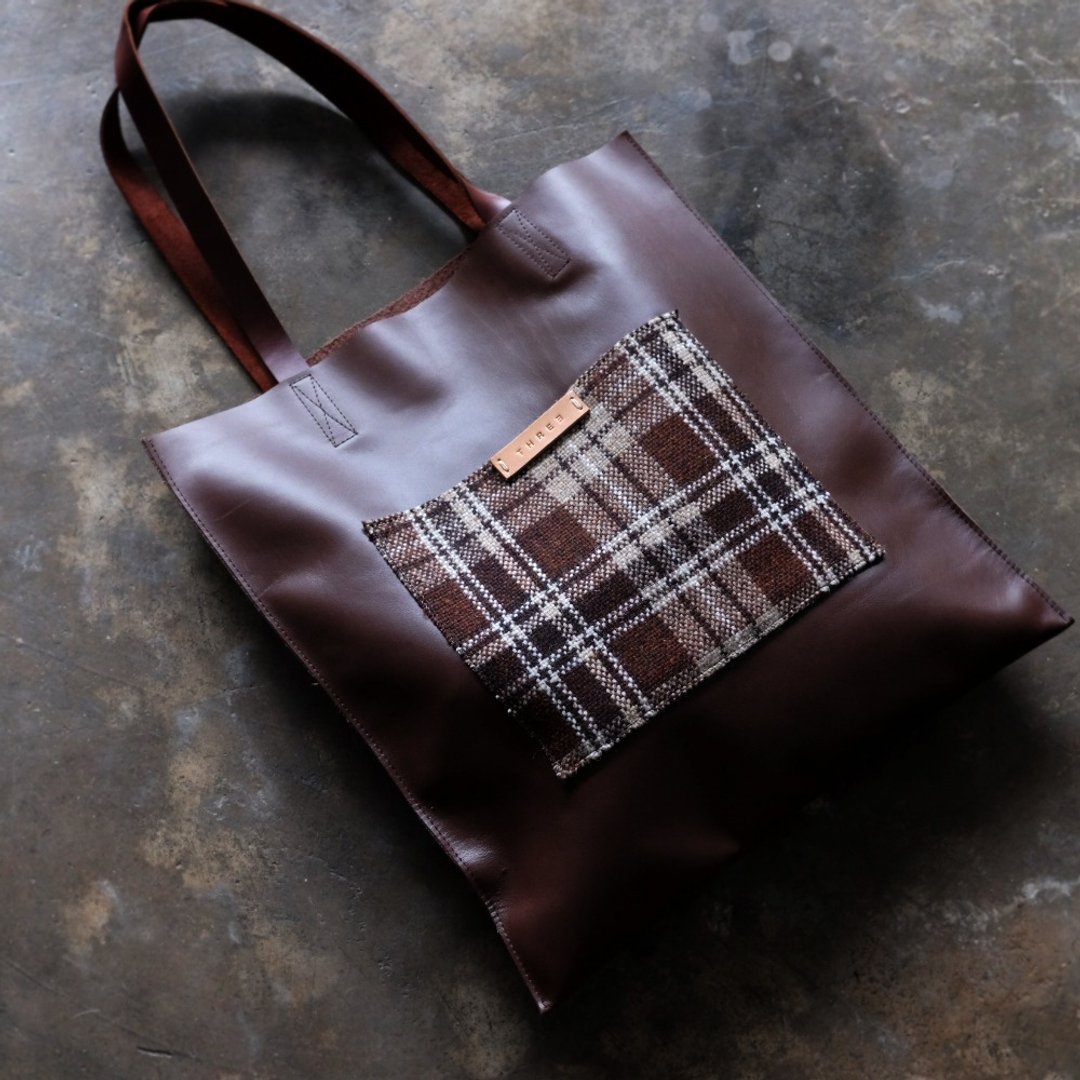 Brown Leather and Plaid Wool Tote Bag - 侧背包/斜挎包 - 真皮 咖啡色