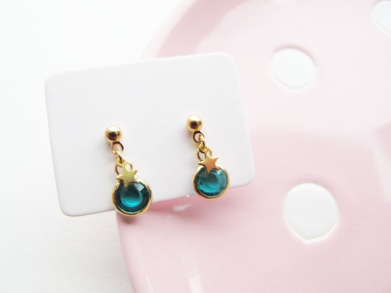 ＊Rosy Garden＊湖水绿色宝石小星星耳环 可换耳夹式 - 项链 - 玻璃 绿色