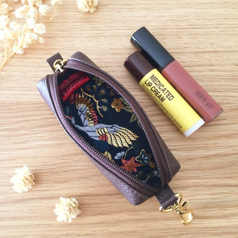 Leather Lipstick case Coin case with Japanese Pattern, Kimono - Gold Brocade - 钥匙链/钥匙包 - 真皮 咖啡色