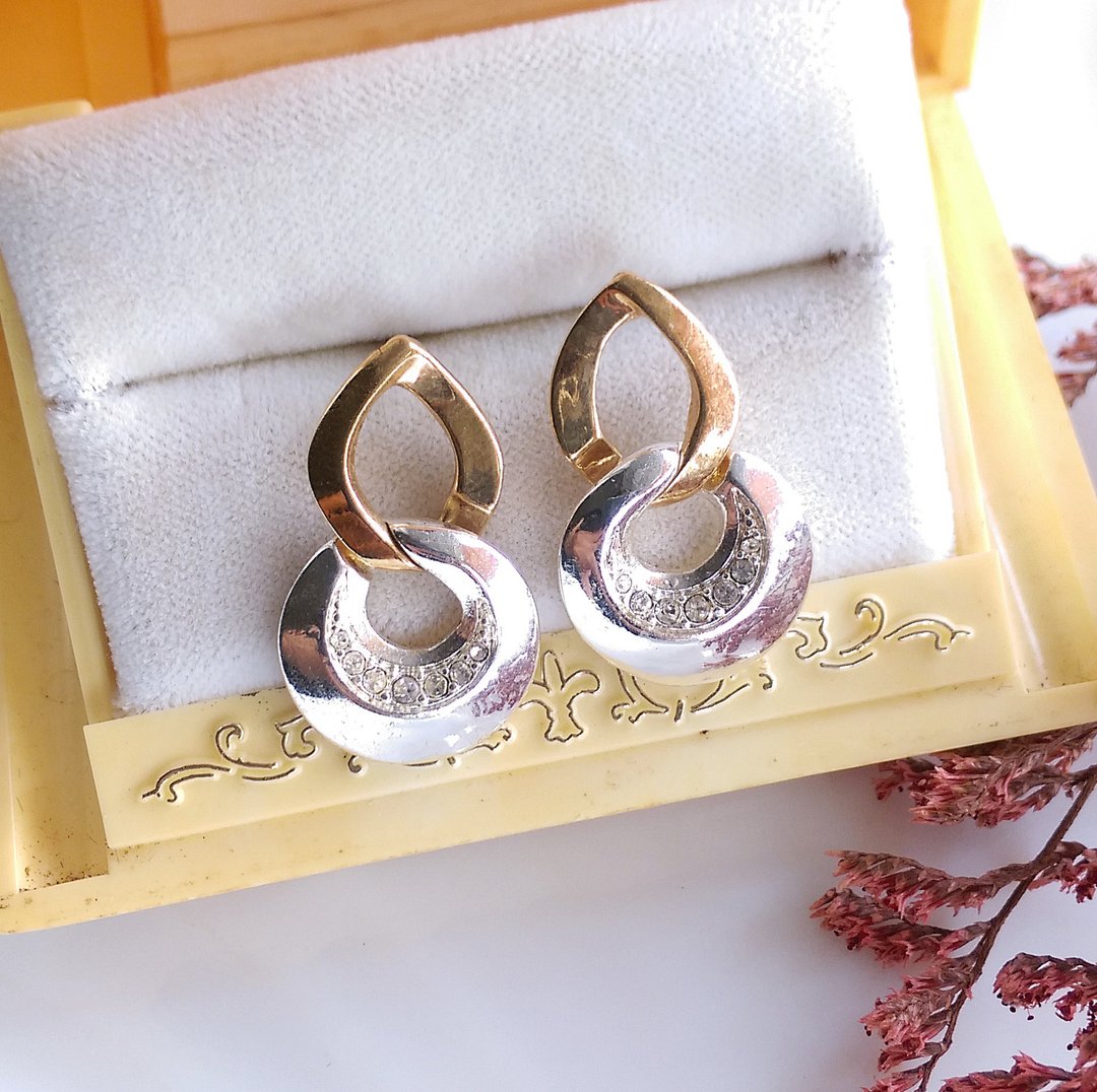 Vintage Jewelry 西洋古董饰品 摩登双色 精巧  针式耳环 - 耳环/耳夹 - 其他金属 金色