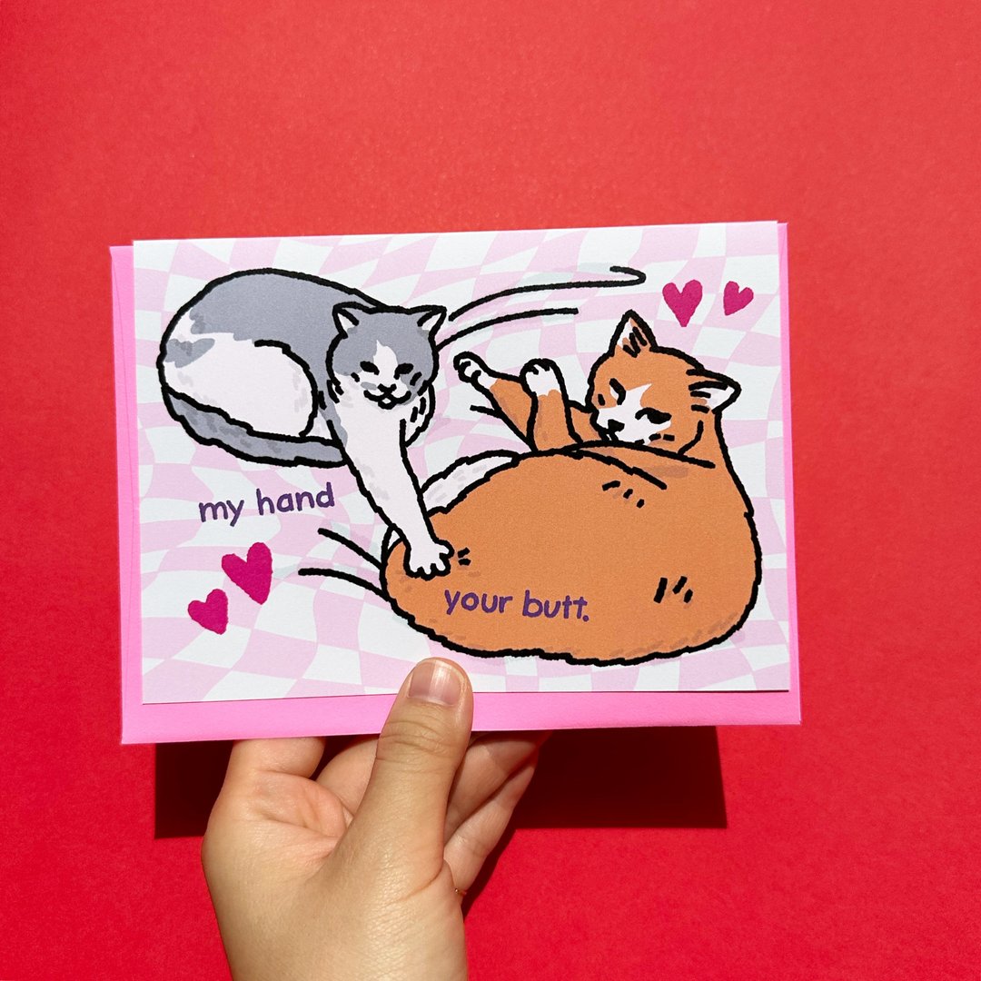 “My Hand Your butt”可爱周年纪念猫咪情侣卡 - 卡片/明信片 - 纸 