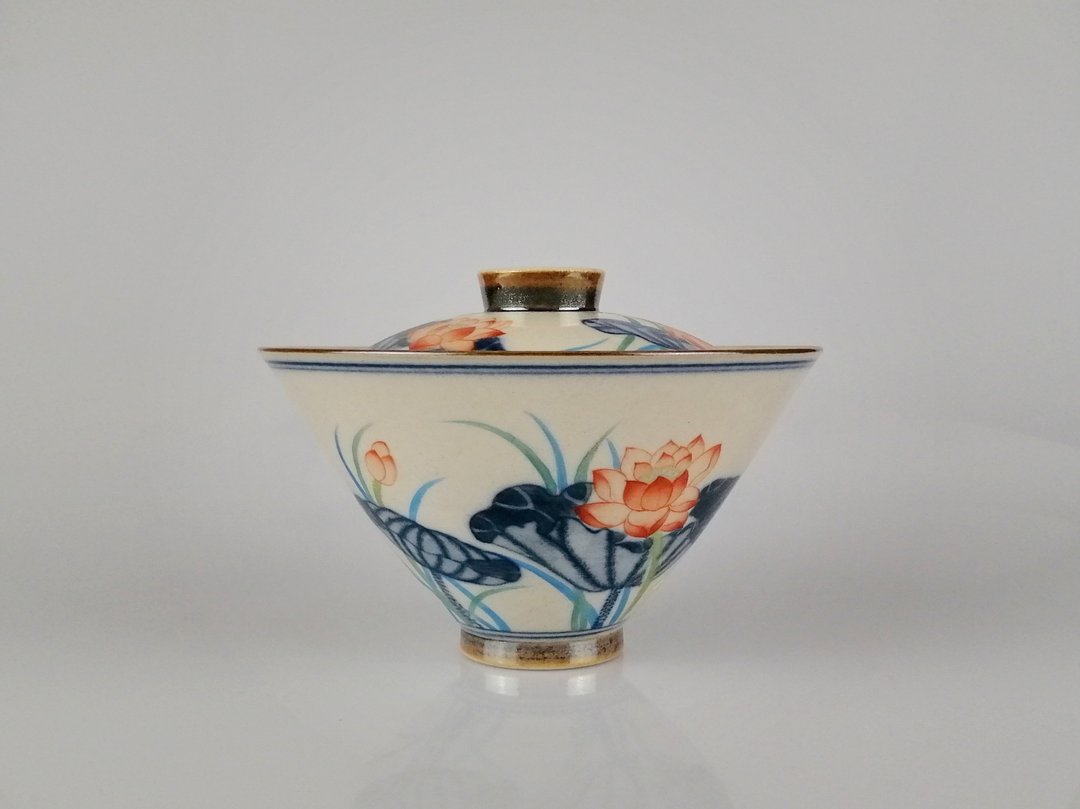 柴烧 手工 手绘 景德镇 等于堂 青花斗彩 莲花盖碗 - 茶具/茶杯 - 瓷 蓝色