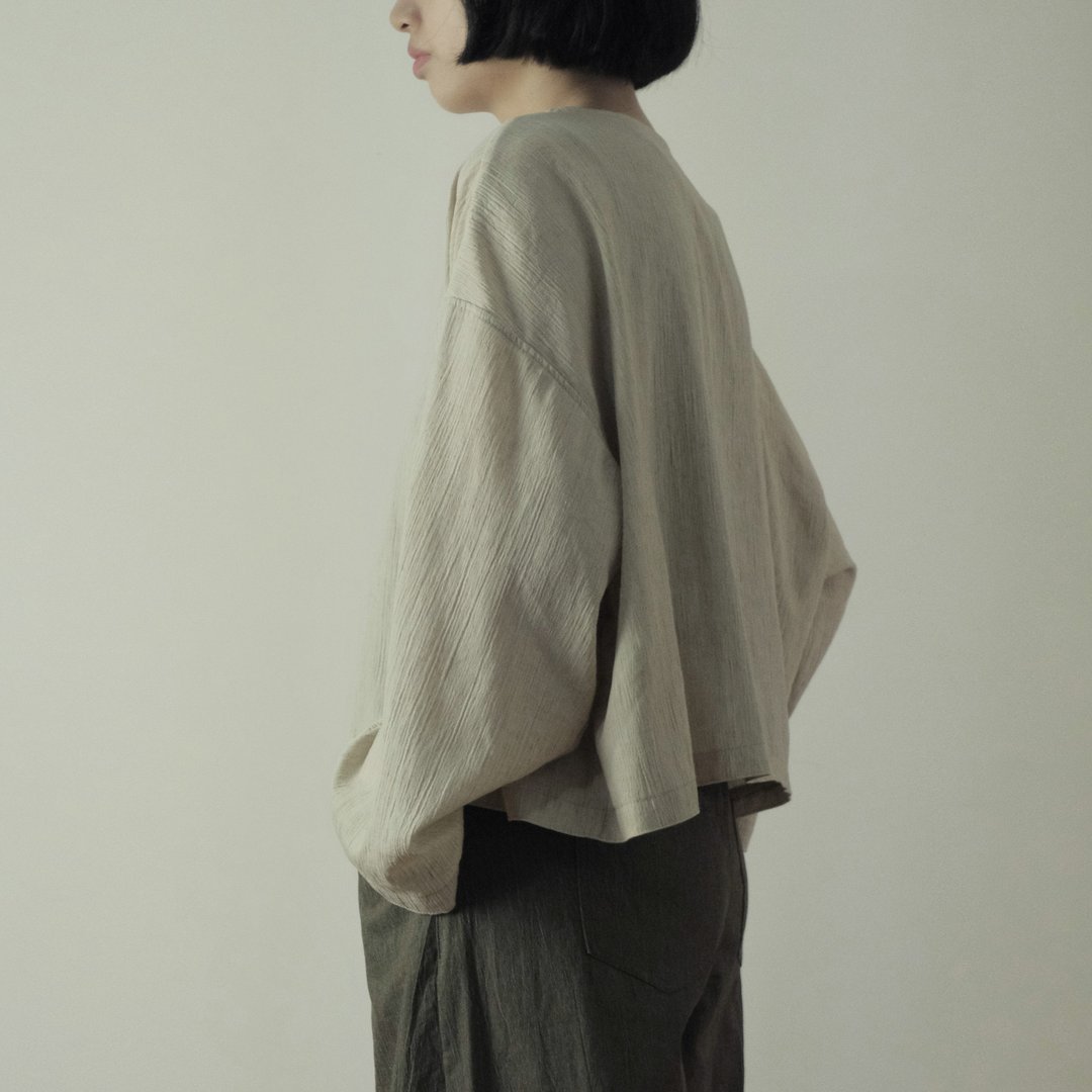 秋季亚麻肌理感长袖慵懒开衫短上衣 - 女装上衣 - 棉 卡其色