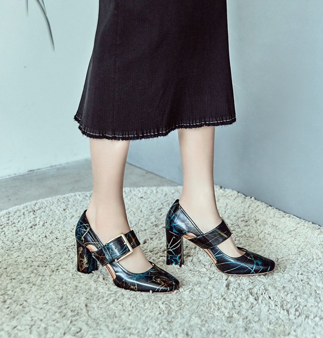 HTHREE 8.5玛莉珍高跟鞋 / 特殊 / 大理石 / 8.5 Mary Jane Pumps - 高跟鞋 - 真皮 黑色