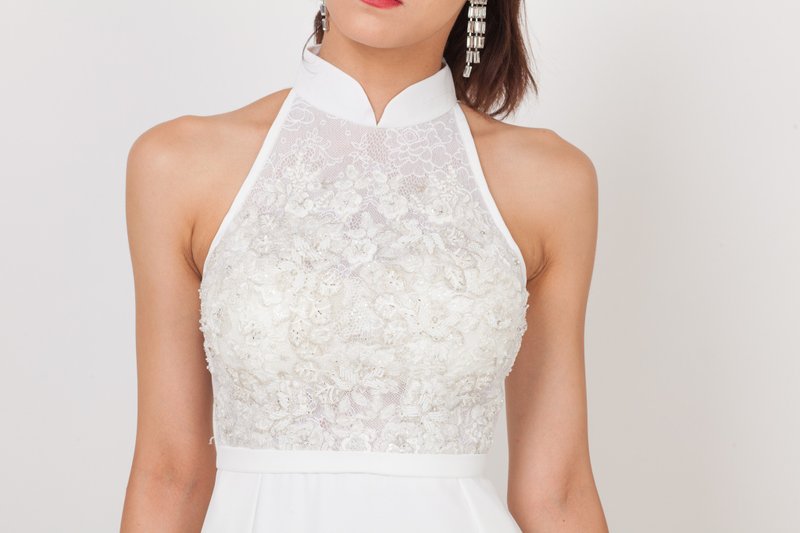 入膊蕾丝新娘旗袍 (白色) | 香港设计 | 新娘裙 | 婚礼服饰 - 旗袍 - 聚酯纤维 白色