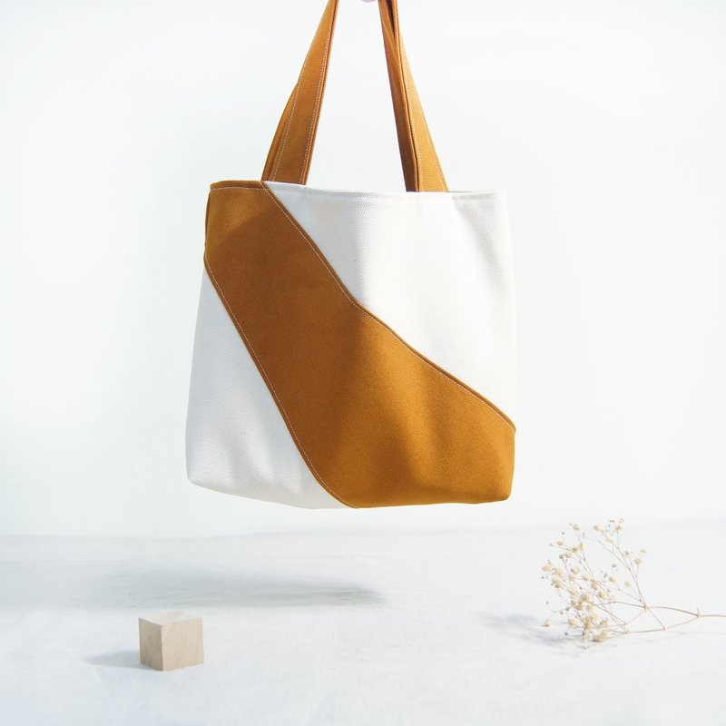 手作不规则拼接色块个性小手提袋-焦糖棕 - 手提包/手提袋 - 棉．麻 咖啡色