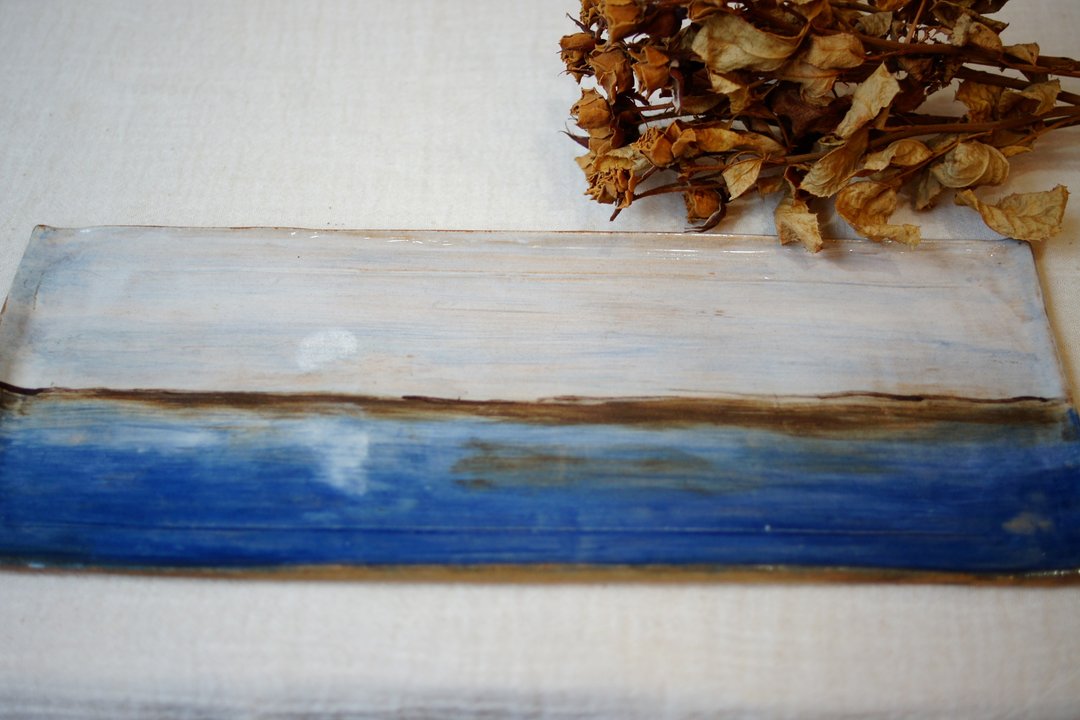 手作长陶盘 明月光 长方茶盘 L28cm  串烧盘  日式长盘 - 盘子/餐盘/盘架 - 陶 蓝色