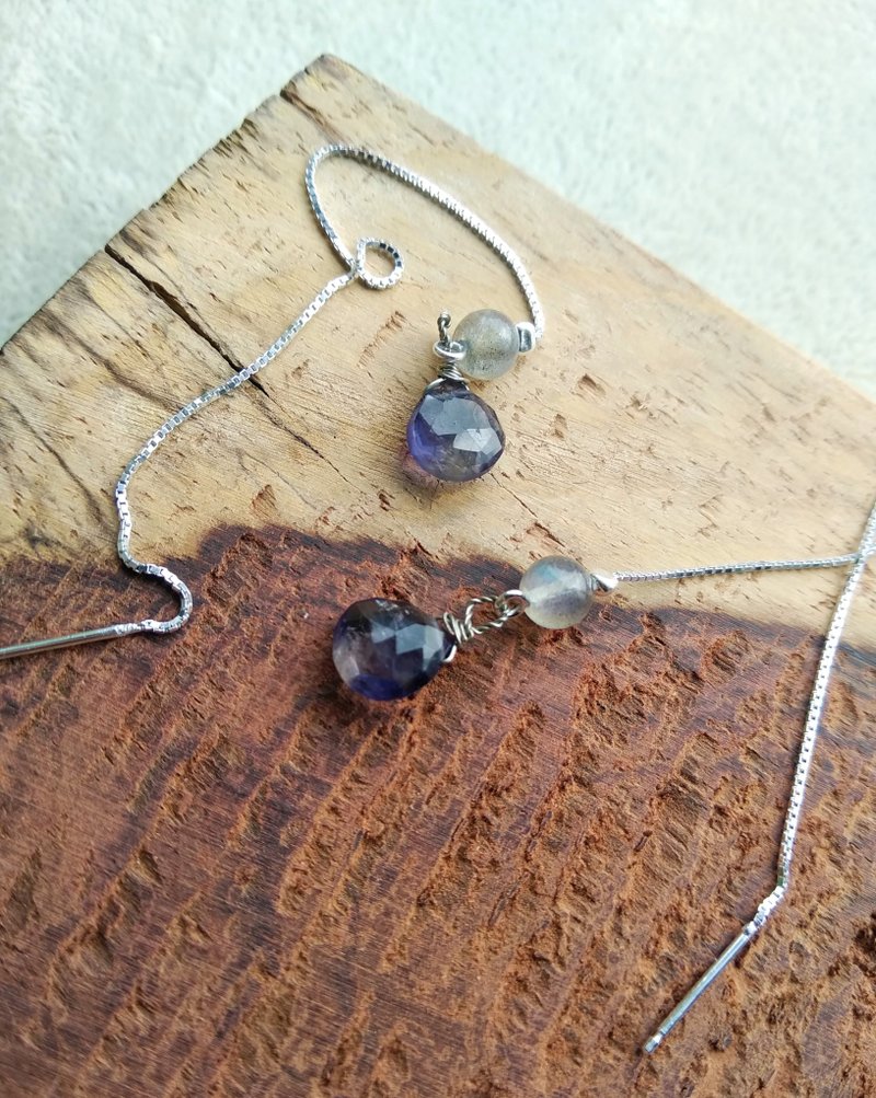 堇青石配拉长石925纯银耳线 - 耳环/耳夹 - 宝石 紫色