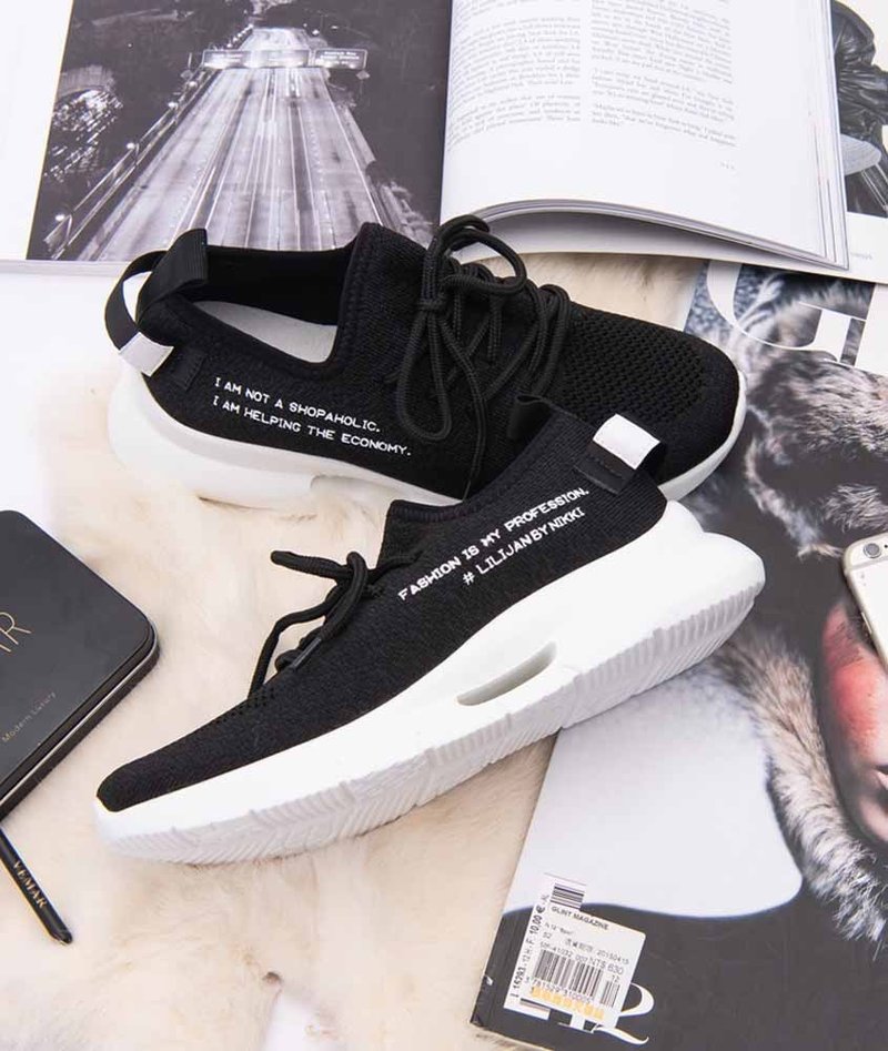 部落客小闪联名【购物狂小姐】透气感飞织超轻量运动鞋_黑色潮流 - 女款运动鞋/球鞋 - 尼龙 黑色