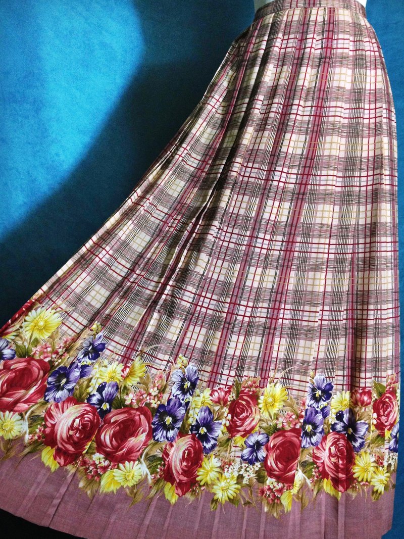 乒乓古着 [ 古着裙/ 花朵格纹百褶古着裙 ] 国外带回 VINTAGE - 裙子 - 聚酯纤维 粉红色