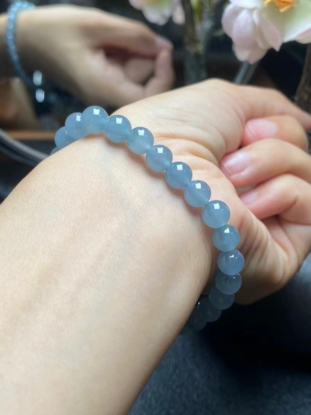 冰种翡翠天然翡翠A玉玉珠玉链手链 • 冰种牛仔蓝翡翠手串 - 手链/手环 - 玉石 蓝色