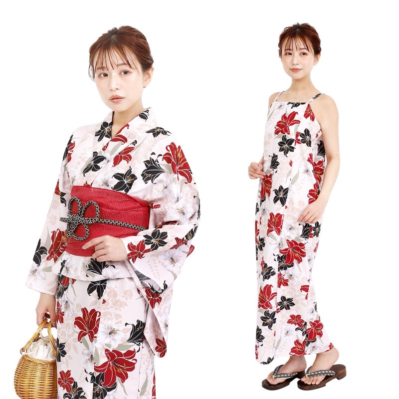 日本 和服 女性 洋装式 聚酯纤维 梭织 浴衣 腰封 套组 F x42-02 - 其他 - 棉．麻 红色