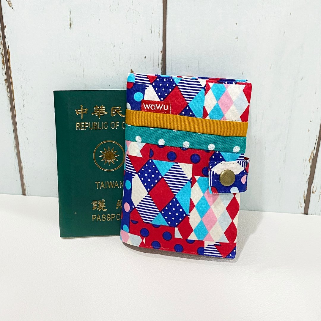 护照套+扣带 (缤纷几何蓝)  接单生产* - 护照夹/护照套 - 棉 蓝色