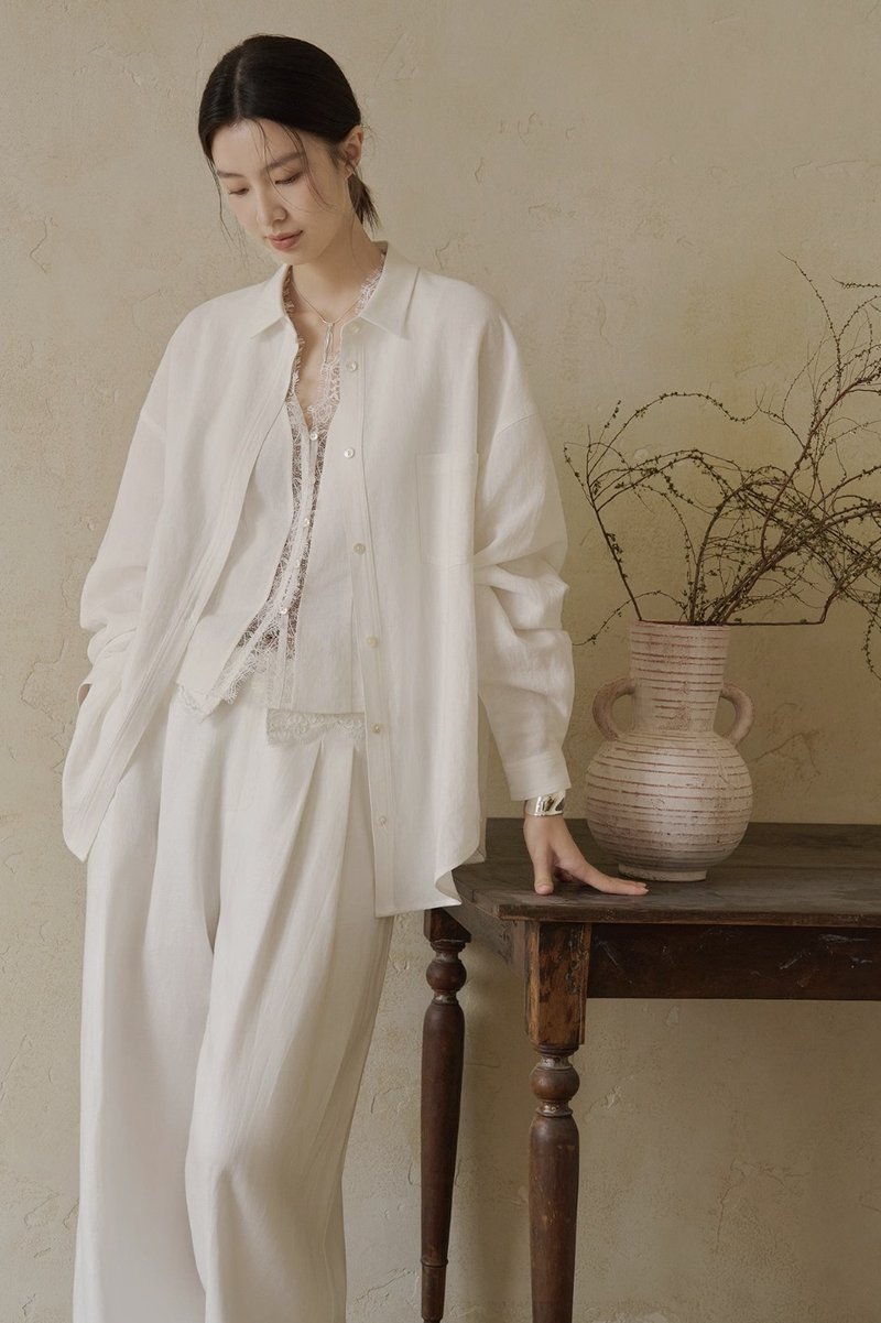 法式极简 天丝亚麻蕾丝背心 衬衫 长裤套装 - 女装上衣 - 其他材质 白色
