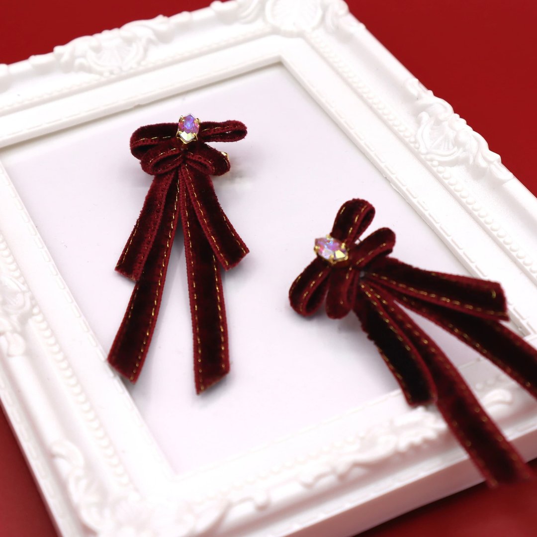 velvet ribbon_dark red - 耳环/耳夹 - 其他材质 红色