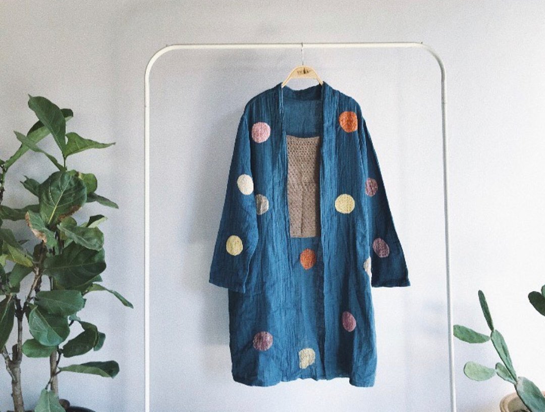 Polka dots indigo cardigan - 女装上衣 - 棉．麻 蓝色