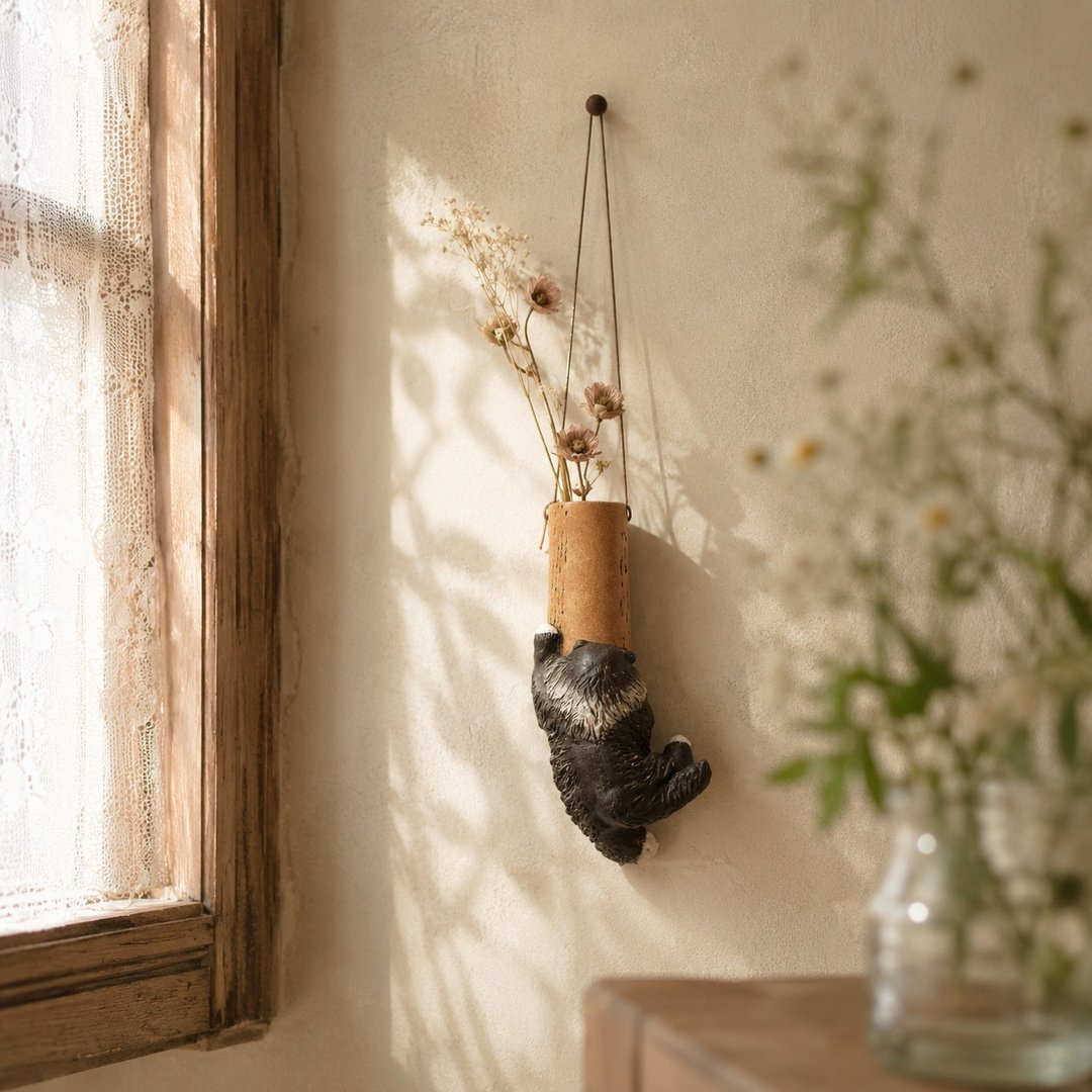 长毛黑猫 挂壁单轮花瓶 手工猫花器 居家装饰小物 - 花瓶/陶器 - 树脂 黑色