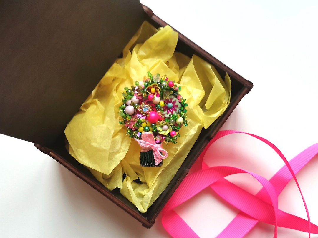 Flower bouquet jewelry brooch, boutonniere - 胸针 - 玻璃 多色