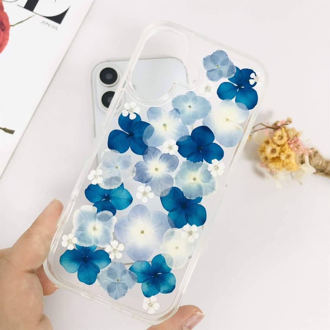 手作天然蓝白色押花手机壳适用于iPhone 16 Pro Max Samsung S25 - 手机壳/手机套 - 植物．花 