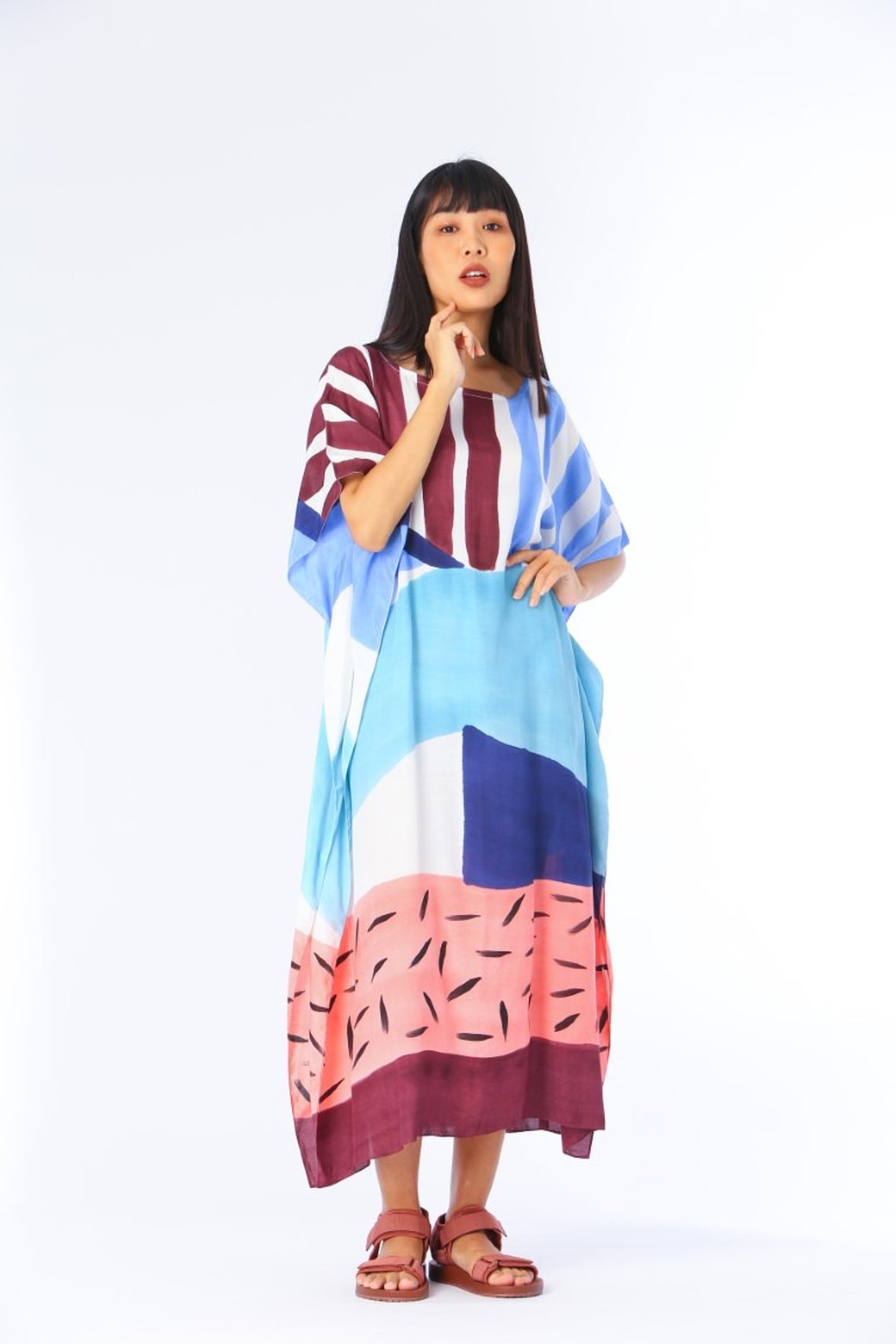 Hand Painted Cotton Silk Kaftan for Summer Resort Vacation F - 洋装/连衣裙 - 棉 粉红色