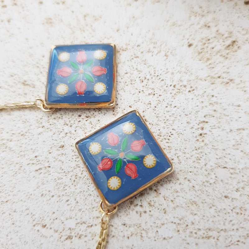 复古花砖  -  夹式耳夹 不锈钢耳针 硅胶耳针 - 耳环/耳夹 - 其他材质 蓝色
