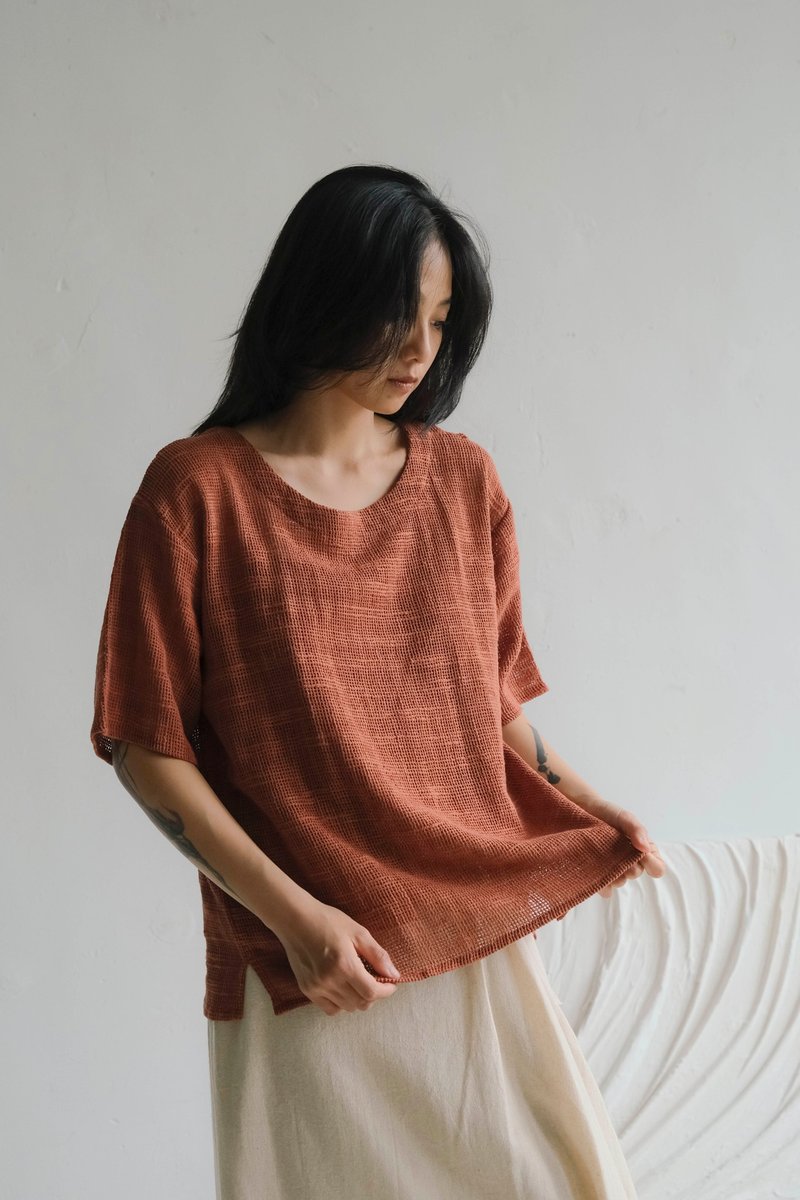 圆领网格针织短袖上衣 / Hemp 砖橘 - 女装上衣 - 棉．麻 橘色