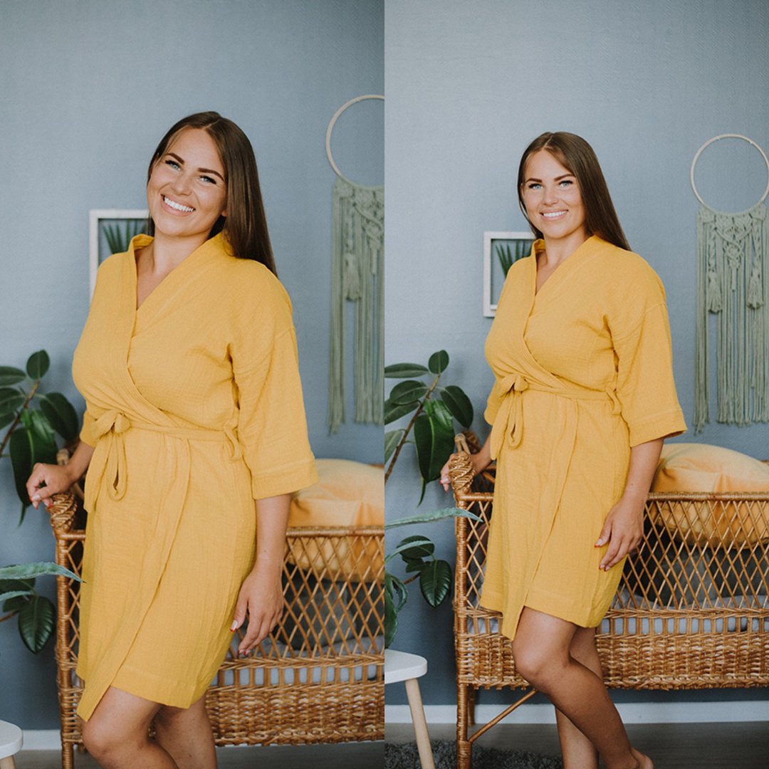 Mustard Bathrobe For Women - Muslin Kimono Style Robe - Light And Soft Bathrobe - 居家服/睡衣 - 棉．麻 橘色
