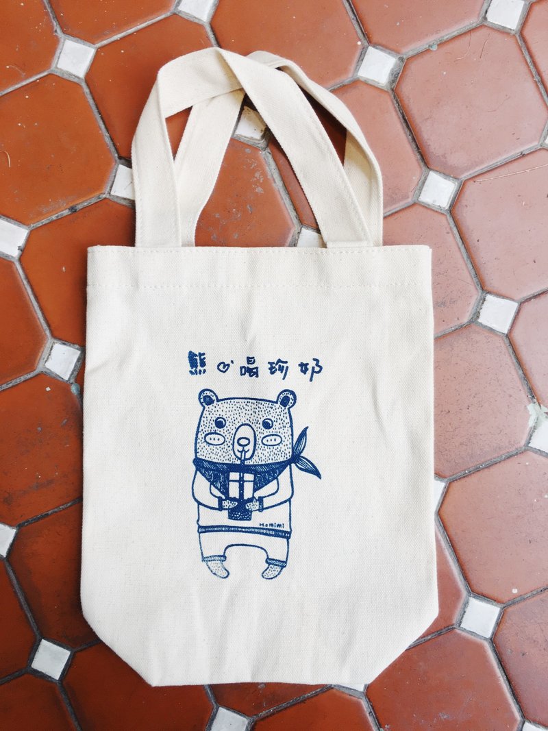 熊爱喝珍奶  帆布提袋  - 海军蓝 - 随行杯提袋/水壶袋 - 棉．麻 白色