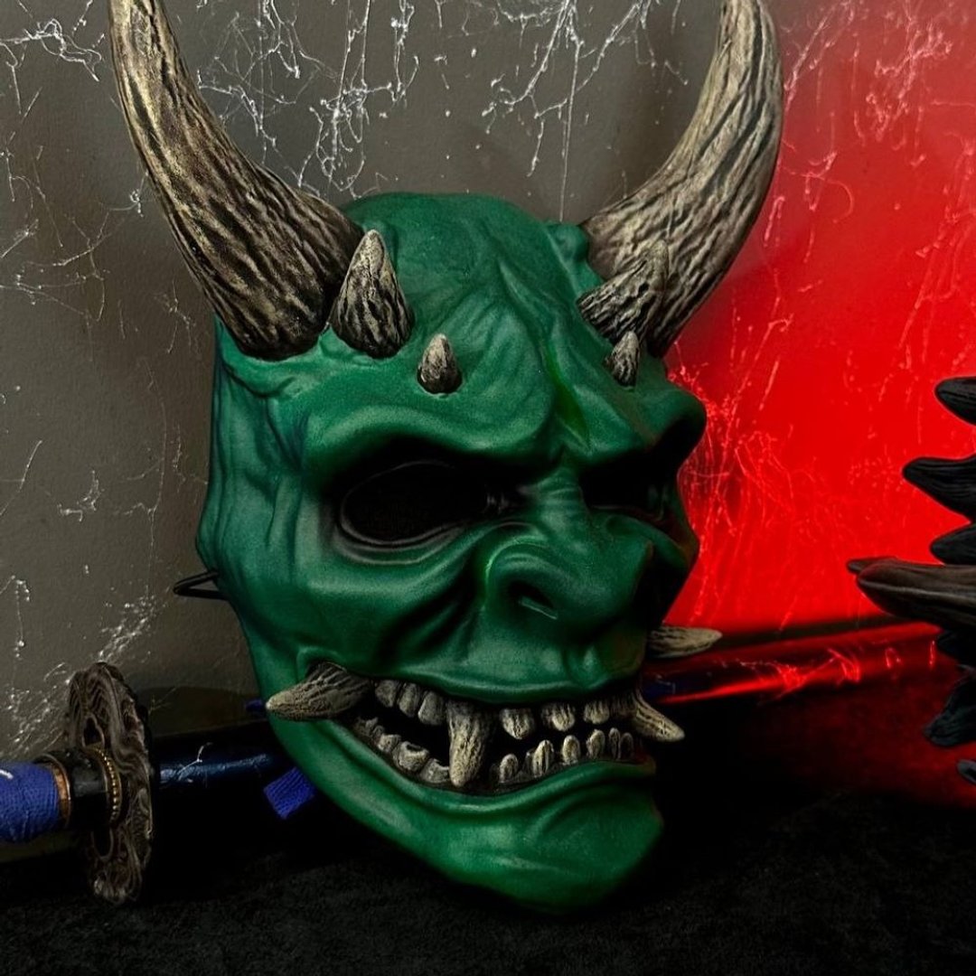 绿色恐怖鬼面具，鬼面具，日本恶魔角色扮演，恶魔面具 - 口罩 - 树脂 绿色