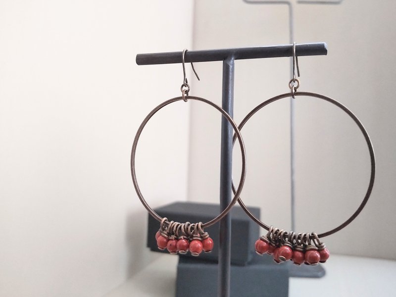 38mm圆环 耳环 / 黄铜 【红碧玉】 - 耳环/耳夹 - 铜/黄铜 红色