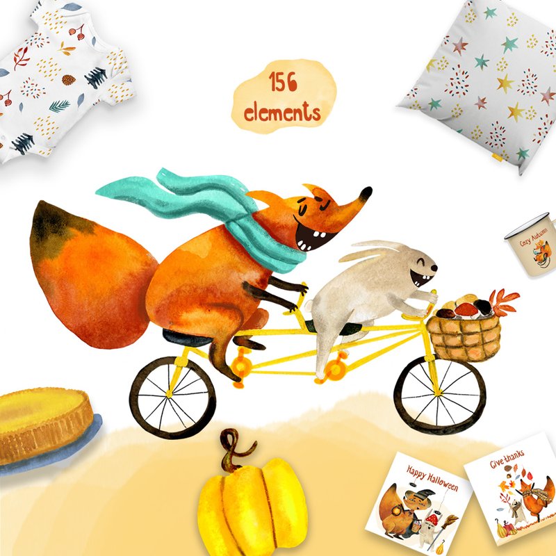 Watercolor autumn clipart with a fox and a rabbit, thanksgiving cards, halloween - 其他 - 其他材质 
