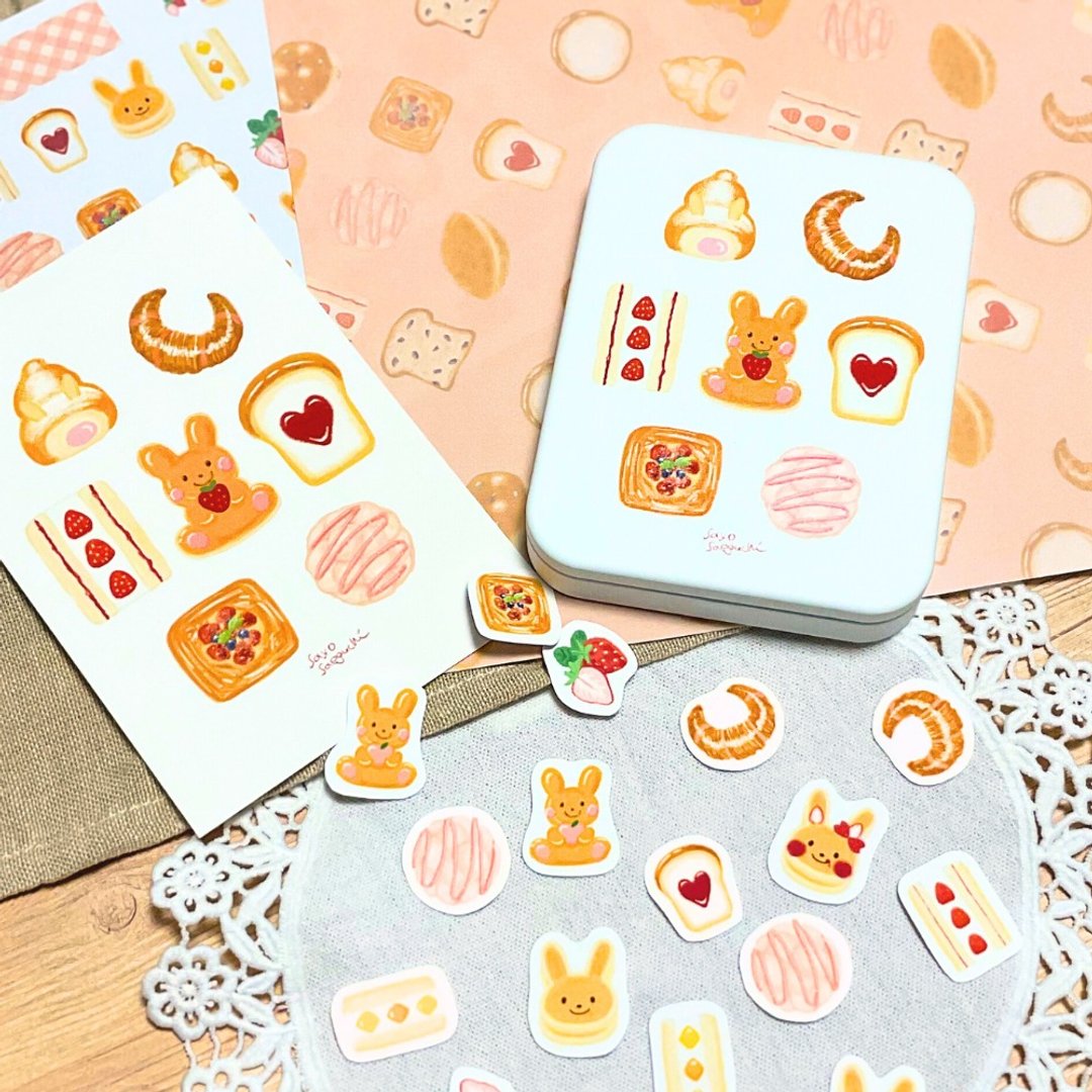 【Pinkoi限定】附铁盒贴纸组合 - 开心兔子面包铁盒 - - 贴纸 - 其他金属 白色