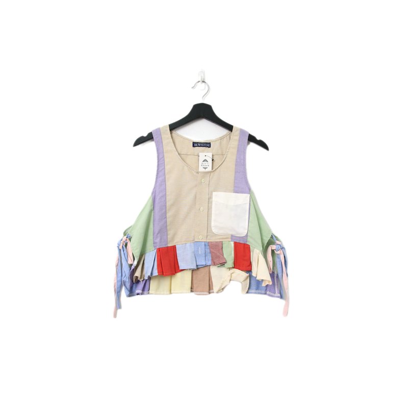 Back to Green-再制侧绑带背心 马可龙色拼接 vt-116//vintage - 女装背心 - 棉．麻 