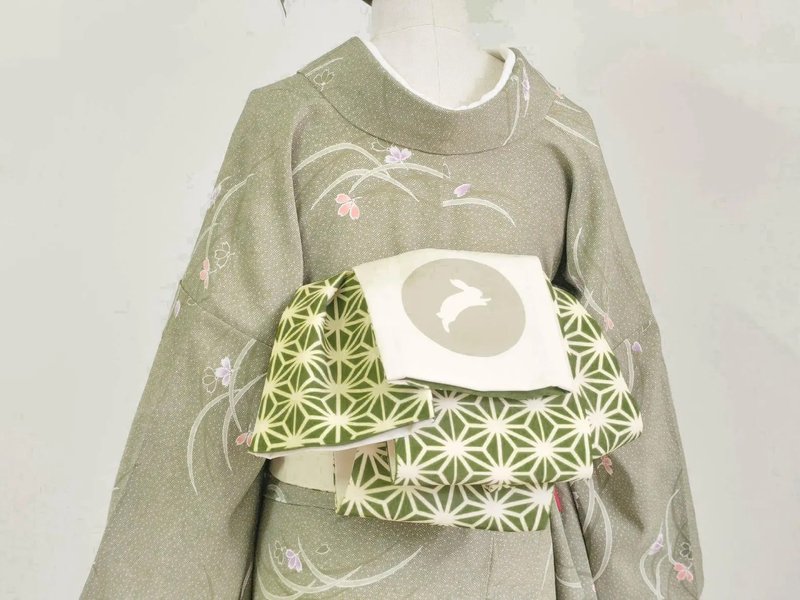 双面和服半幅带/ 浴衣腰带 - 麻叶纹图案样式 - 皮带/腰带 - 聚酯纤维 绿色