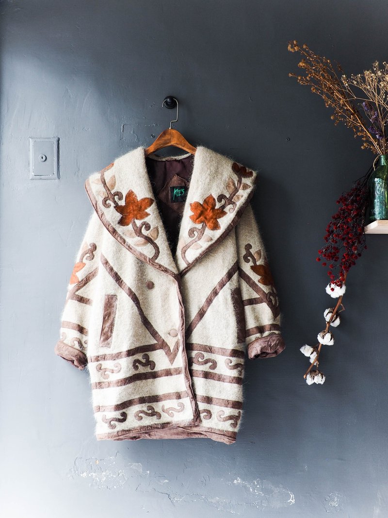 河水山 - 新舄麂皮x毛线图腾花纹时代 羊呢古董毛质大衣外套 羊毛 毛呢 古着 wool vintage overcoat - 女装休闲/机能外套 - 真皮 多色