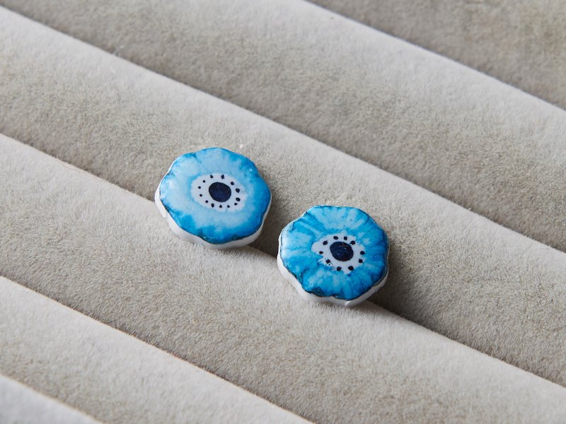 【SuGround。曙光】手绘插画耳饰--朵朵系列 (海之花) - 耳环/耳夹 - 其他材质 蓝色