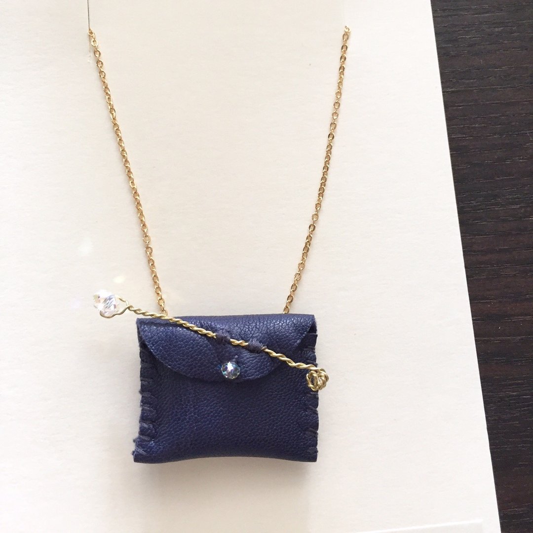 [ Bluesy Mod ] --- Leather Purse necklace (sparkle / dark blue ) . 皮革小钱包项链 (深蓝色) - 项链 - 真皮 