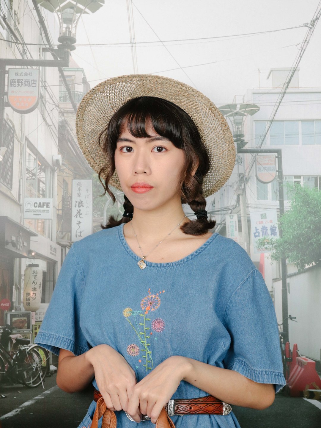 Tsubasa.Y│古着刺绣牛仔洋装 B18 粉橘花卉 短袖  古着裙 连身裙 - 洋装/连衣裙 - 棉．麻 蓝色