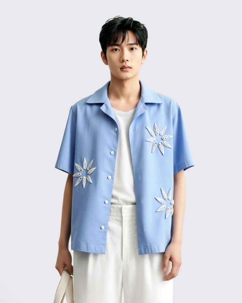 男士亚麻衬衫海贝花卉装饰 - 男装衬衫 - 亚麻 蓝色