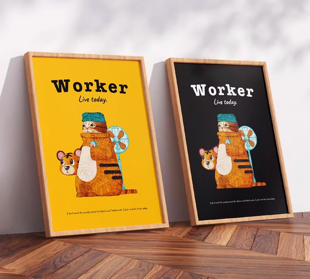 WORKER 穿着玩偶装打工的猫咪。 / 原创海报 / A4 或 A3 size - 海报/装饰画/版画 - 塑料 白色
