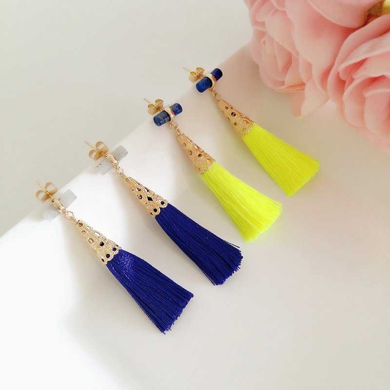 ::愉悦流苏系列:: 绚丽撞色简约流苏耳环耳钉 / Tassel Earrings - 耳环/耳夹 - 其他材质 蓝色
