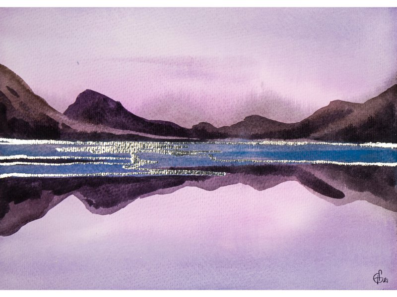 Mountain Painting Purple Landscape Original Art Abstract Watercolor Hand-Painted - 海报/装饰画/版画 - 纸 紫色