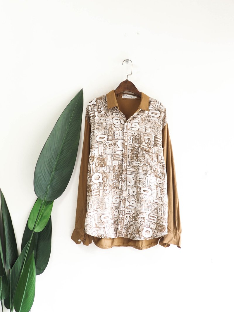 土黄神秘罗马隐密数字 古董衬衫罩衫上衣shirt oversize vintage - 女装衬衫 - 聚酯纤维 卡其色