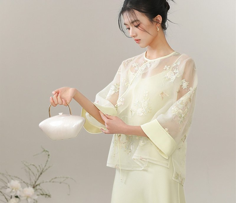 【云雾】新中式复古中国风 薄纱清透感/绣花圆领上衣/吊帶裙 - 洋装/连衣裙 - 其他材质 黄色