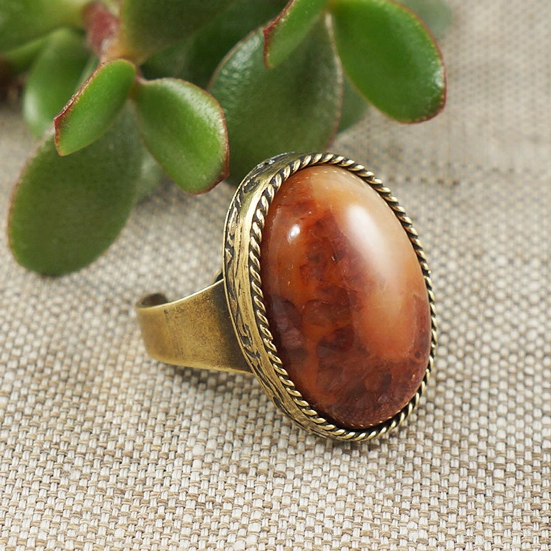Fire Red Agate Adjustable Ring Large Brass Ethnic Boho Statement Ring Jewelry - 戒指 - 半宝石 红色