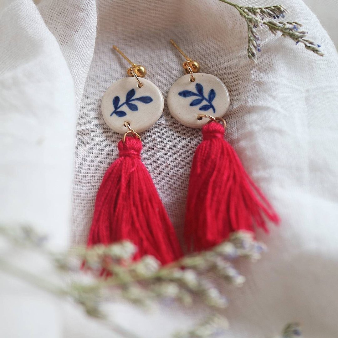 Olive leaves earring - 耳环/耳夹 - 陶 粉红色