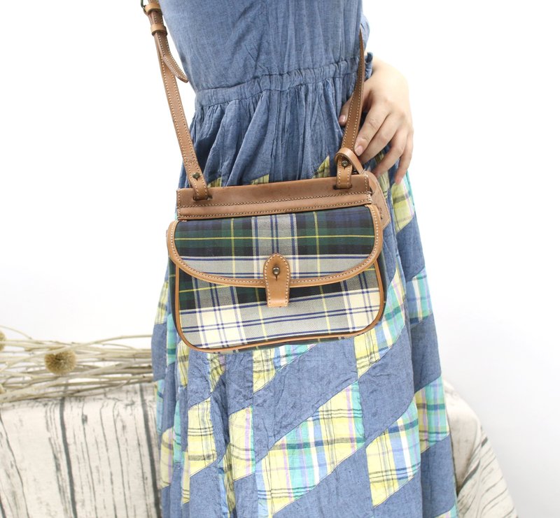 Back to Green::Polo Ralph Lauren 蓝绿格纹皮革// vintage Bag - 侧背包/斜挎包 - 真皮 