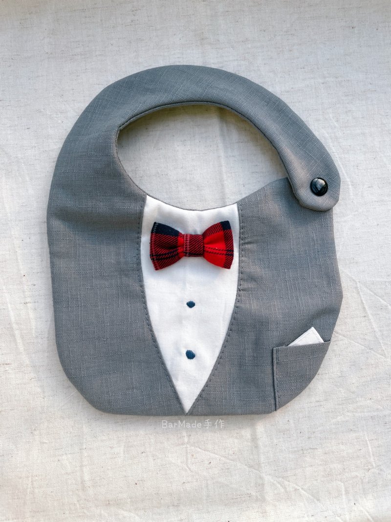 灰衬衫 弥月礼 绅士围兜 西装 领结 - 围嘴/口水巾 - 棉．麻 灰色